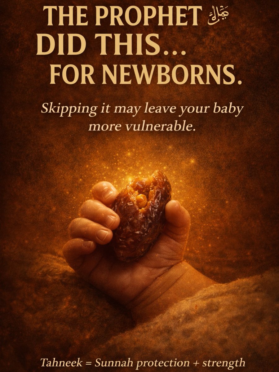 Cool_Ustaz's tweet image. Most Muslim parents don't know this Sunnah...

Tahnik is when a tiny piece of date is chewed, then gently rubbed on a newborn's palate and du'a is made for them It's a beautiful practice from the Prophet (ﷺ) that may even support feeding + early strength. 

—THREAD 🧵