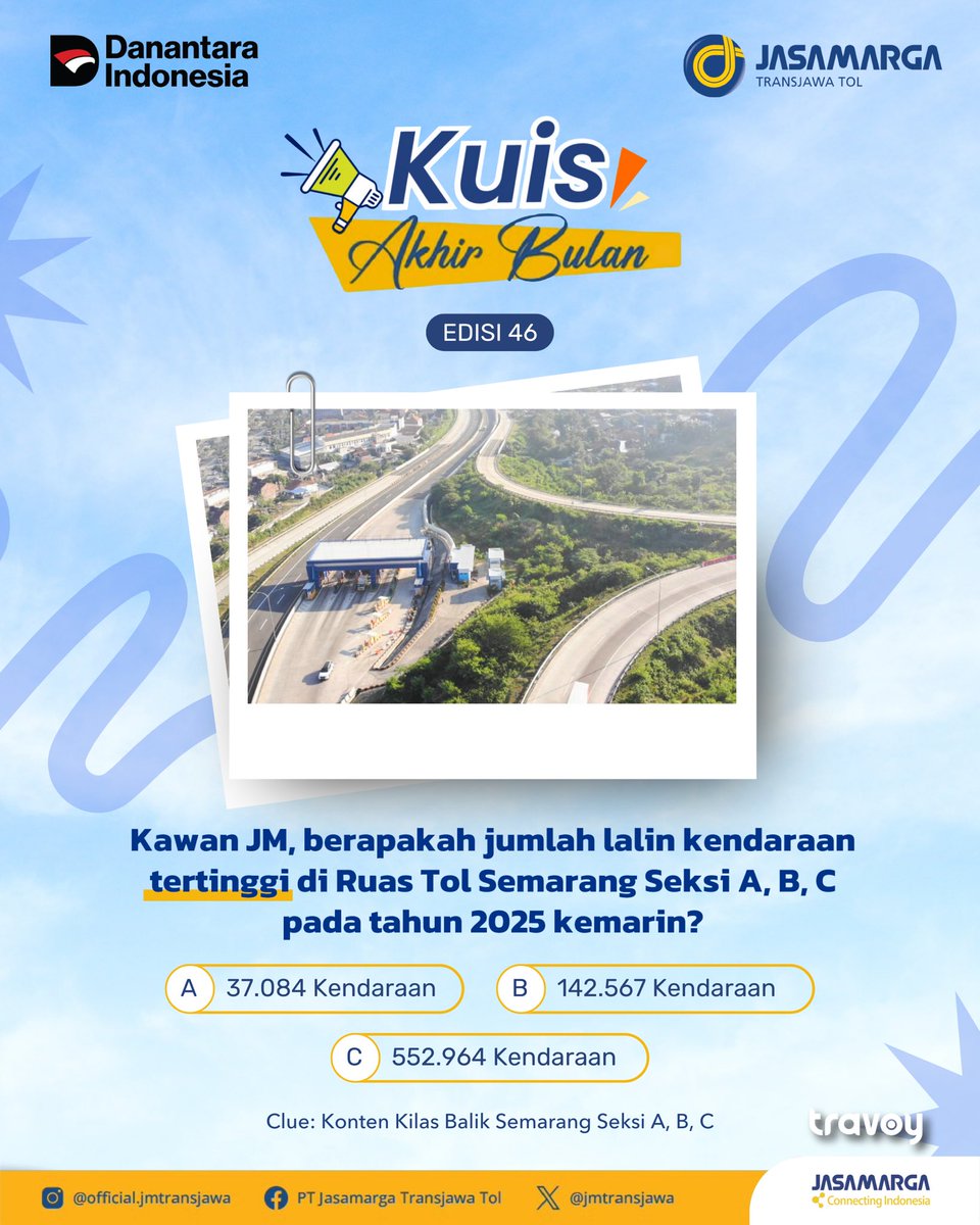 Akirnya Kuis Akhir Bulan tiba. Siapa yang sudah follow sosial media JTT, pasti tau jawaban nya 😁

Ikutannya gampang banget, loh:
1. Follow dan subscribe semua akun media sosial Jasamarga Transjawa Tol
2. ⁠Like dan share postingan ini sebanyak-banyaknya