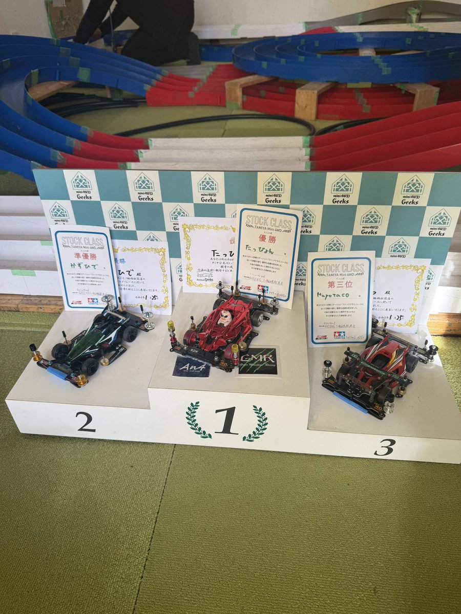 geeks_minowa's tweet photo. 【GEEKS   タミヤ公式ストッククラスデイレース】
本日のレース、4ヒートトーナメントを制したのは、

🥇たっぴょん選手
🥈かずひで選手
🥉Mayotako選手

なんとMEシャーシが表彰台を独占‼️
その中でたっぴょん選手の優勝‼️
おめでとう御座います🎊㊗️

動画は優勝決定戦と3位決定戦

#ミニ四駆
#GEEKS https://t.co/r18UYl43gk