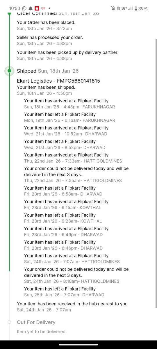 sharan_hbd's tweet photo. @Flipkart my order OD436558525131981100 has been delayed multiple times. It reached a hub near my hometown, but instead of delivering, it was sent back again.
Delivery was promised by 26th, yet tracking keeps changing with no clear reason.This is very disappointing.Please resolve https://t.co/1Vmy6txQXm