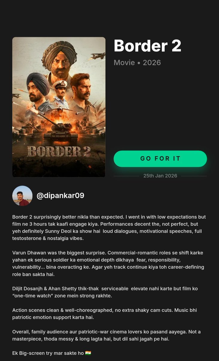 Sharma_d005's tweet photo. Border 2 delivers more than expected   loud, patriotic &amp; surprisingly solid. Sunny Deol show all the way. One-time big screen watch! 🇮🇳🔥
.
.
.
.
@iamsunnydeol
@Varun_dvn 
@ahanshetty28
@diljitdosanjh
#Border2Review #border2
#Border2MovieReview 
#SunnyDeol #VarunDhawan https://t.co/4CKlu8omzi