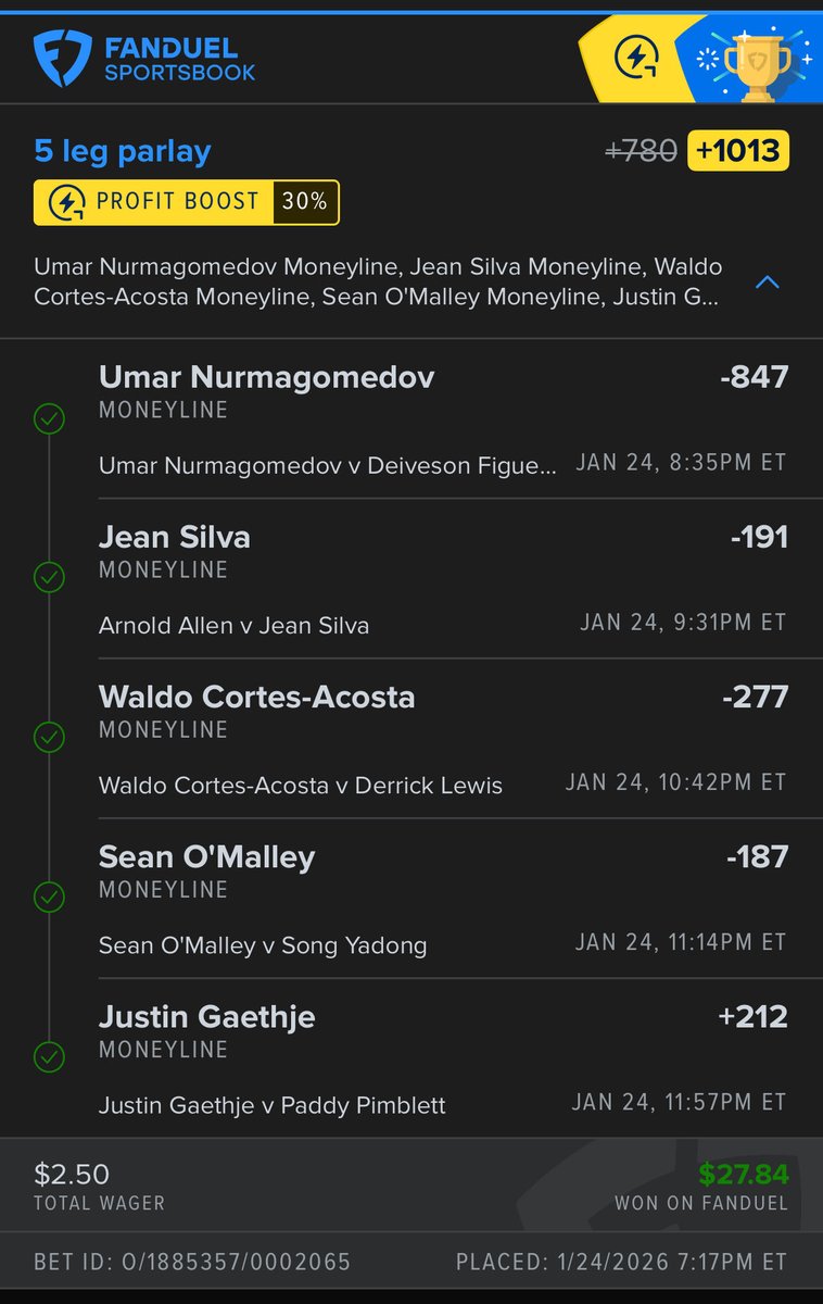 central43980's tweet photo. 5/5 #UFC324 PARLAY!!! It’s getting too easy. #UFC325 is next week! Predictions coming soon… https://t.co/9A0VZfGmAL
