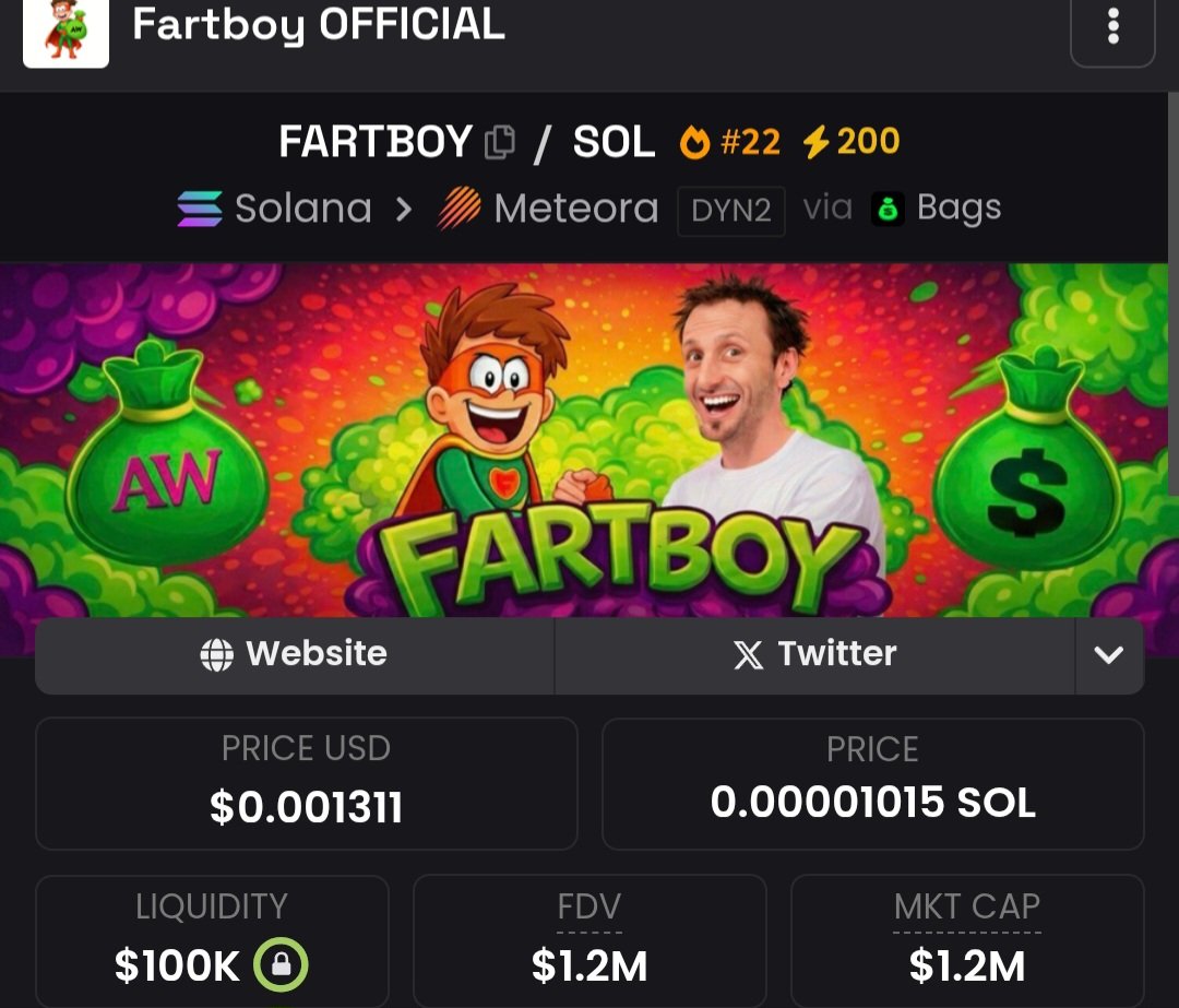 Good branding &amp; volume 🔥 Don't fade, will be next big thing💰

1.2Milly mc $FARTBOY

B5X3YLev9bUkLuBJsjA9vMkpRxSLDgStDwofBLvRBAGS

✅️(🔥SOLANA)Trade with the Fastest Bot (Trojan Bot),to Get in Early &amp; also Enjoy 10% discount on Fees &amp; 20% CashBack 🔥👇
t.me/solana_trojanb…