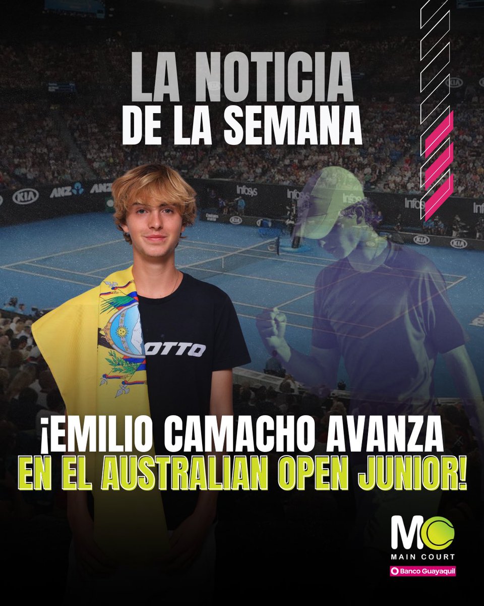 maincourt_ec's tweet photo. ¡Triunfo de Emilio Camacho 🇪🇨 en el @AustralianOpen Junior! 🚀

El ecuatoriano de 16 años venció 7-5, 4-6 y 6-1 a Ryan Cozad 🇺🇸, y avanzó a segunda ronda en su primer Grand Slam juvenil 💪🏼

¡La noticia de la semana llega gracias a @BancoGuayaquil!

#MainCourtEC 🎾 https://t.co/eajVP1Eb6V