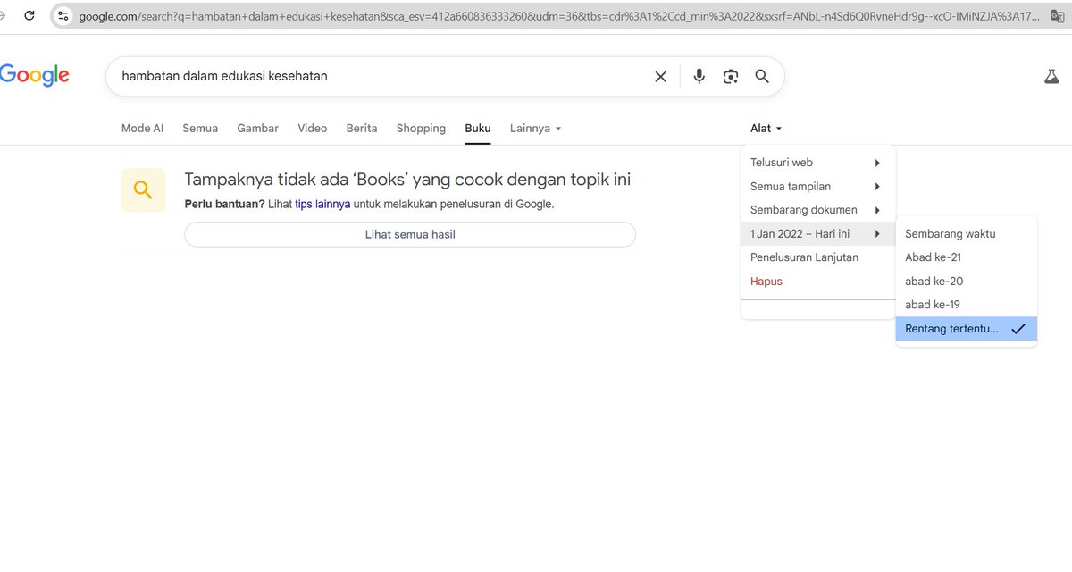 Dear <a href="/googleindonesia/">Google Indonesia</a> 
Tolong sampein ke teknisi <a href="/googlebooks/">Google Books</a> <a href="/Google/">Google</a> dong. Ini udah hari ke-4 pencarian buku terbitan tahun 2022 ke atas di google books ga bisa mulu. Udah kirim feedback, tp masalahnya masih belum diperbaiki juga. Ga tau lg harus lapor ke mana