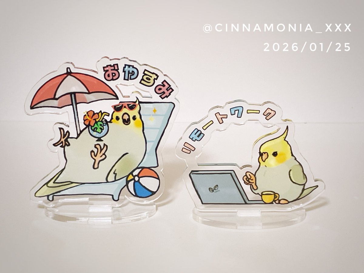 そういえばアクリルスタンドできました、のちゃんとしたご報告をしていなかった気がします。
「おやすみオカメちゃん」アクリルスタンド、無事できました！🌴🍹
「リモートワークオカメちゃん」と一緒に #鳥フェス浅草　の　 #オカパラ2026 委託販売ブースにて販売します。各¥880（税込）