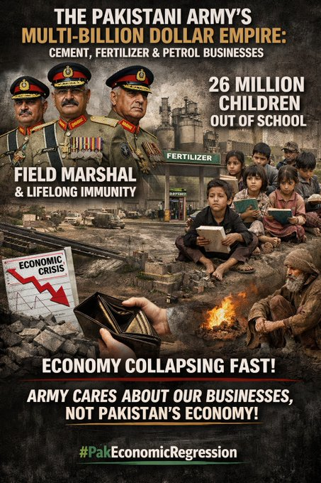 Rubeena75590151's tweet image. The #PakArmy runs a multi-billion dollar empire of cement &amp;amp; petrol businesses, 26 million children are out of school, yet the generals receive the title of Field Marshal and lifelong immunity.  #PakArmy care about our businesses, not Pakistan's economy. #PakEconomicRegression