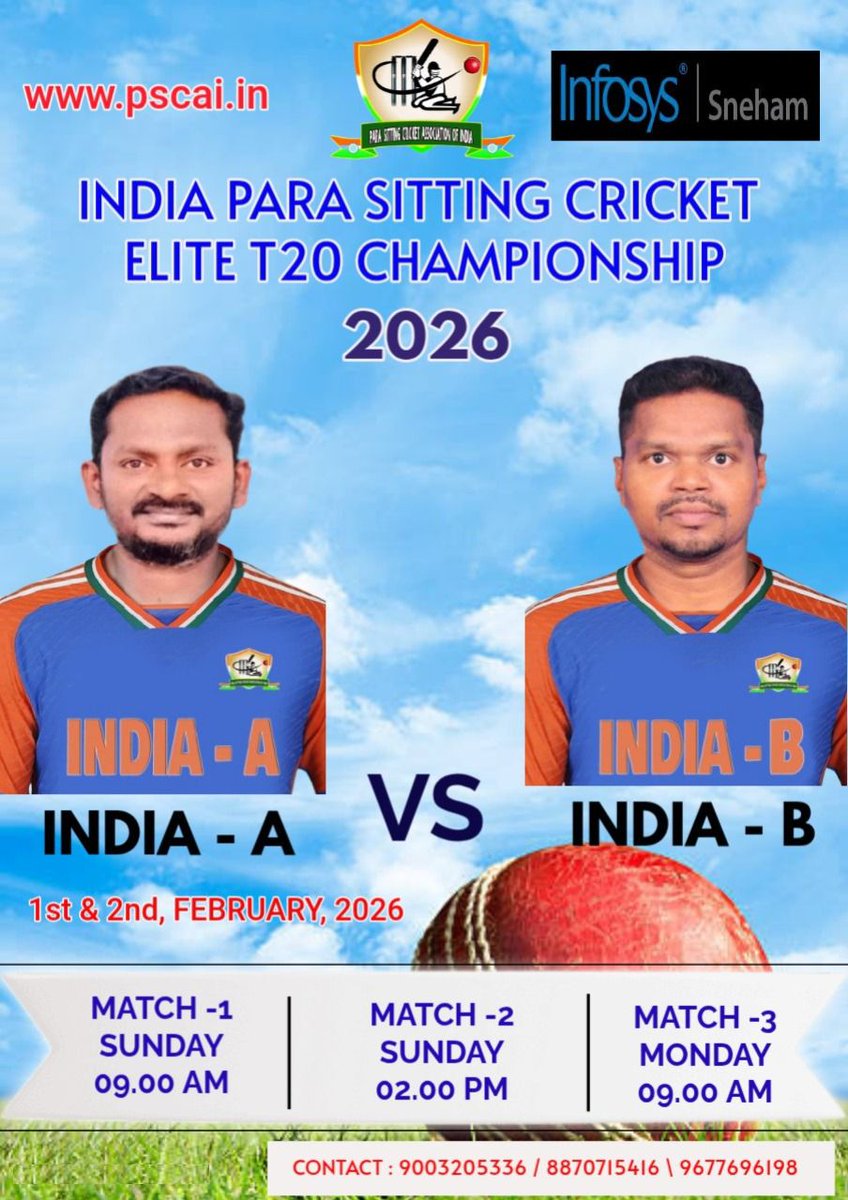 SITTINGCRICKET's tweet photo. We are excited to announce the India Para Sitting Cricket Elite T20 Championship 2026.
The India A vs India B matches on 1st &amp; 2nd February 2026 will be a great opportunity to showcase skill, discipline, and team spirit.

Executive committee members 
PSCAI
@BCCI 
@TNCACricket https://t.co/xdJs9k5xKQ