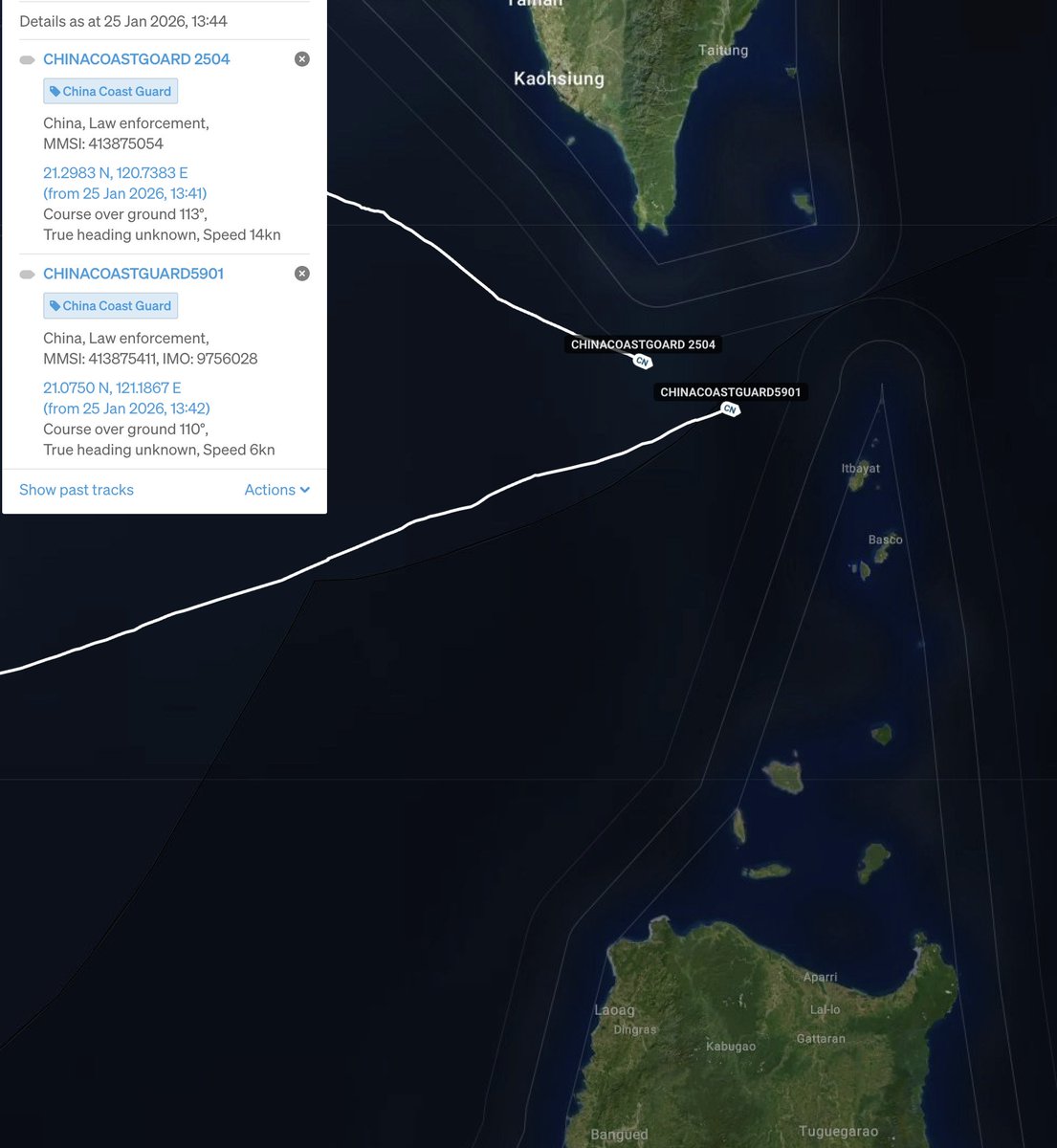 SeaLightFound's tweet image. 🚨INTRUSIVE PATROL: The world's largest coast guard ship, the 12,000-ton #China Coast Guard 5901--commonly referred to as "The Monster"--together with CCG 2504 is approaching the northern #Philippines province of Batanes. It is now within 40 nautical miles of Itbayat. [🧵1/3]