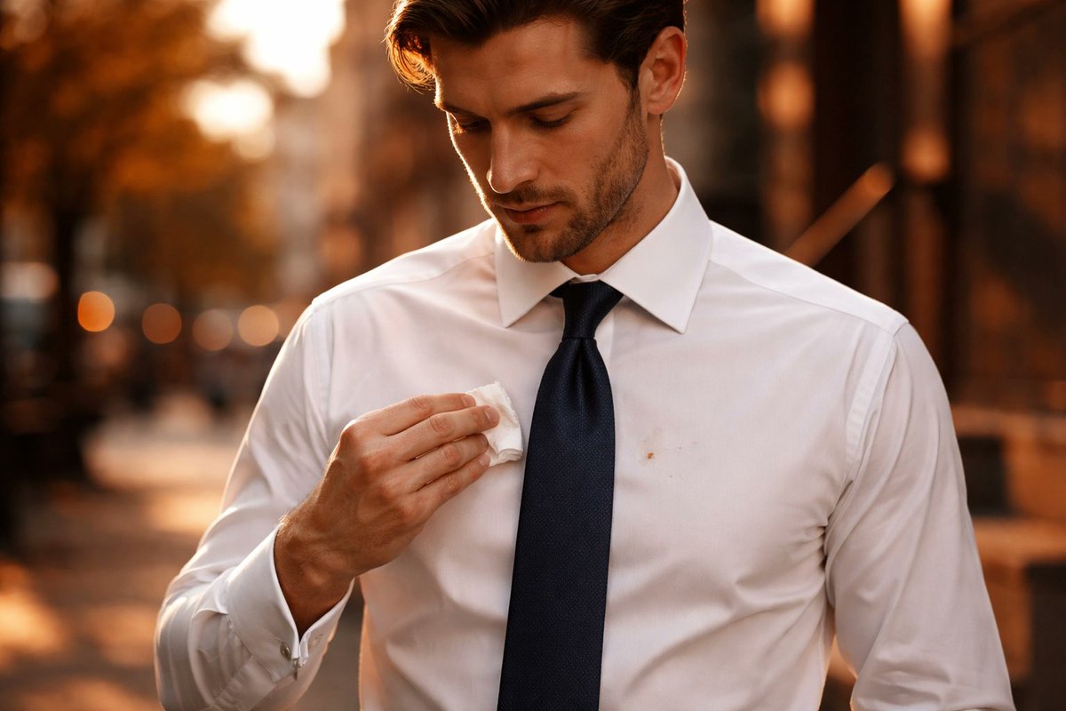 LaModeMens1's tweet image. Stain on your white shirt: 5 minutes to go? 

Clear water blot protocol: dab (don’t rub) with a clean napkin, keep pressure light, work from the edge in, then air-dry. Your tie stays the statement. 🥃

lamodemensclothing.com

#MensStyle #Ties #StyleTips