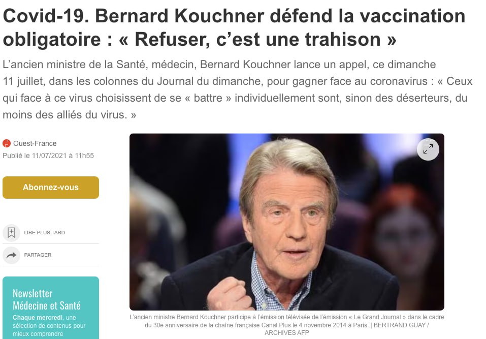 NiONiPardon's tweet image. 07/2021 Bernard Kouchner défend la vaccination obligatoire : « La refuser, c’est une trahison. Il faudra une loi. Croyez-moi, ce sera fait. » 

ouest-france.fr/sante/virus/co…