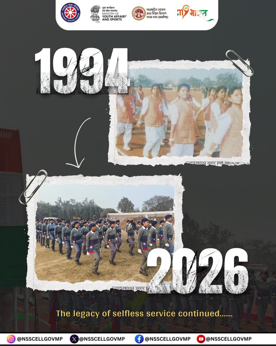 NSSCELLGOVMP's tweet photo. मध्य प्रदेश राष्ट्रीय सेवा योजना, वह अनवरत यात्रा जिसने कर्म रूपी कर्तव्य पथ की यात्रा वर्ष 1994 से प्रारंभ की और अब एक वट वृक्ष के रूप संपूर्ण देश में प्रसारित हो चुकी हैं।
#mpnss #nssindia #then_now #staterdc https://t.co/vxKmrshuEV
