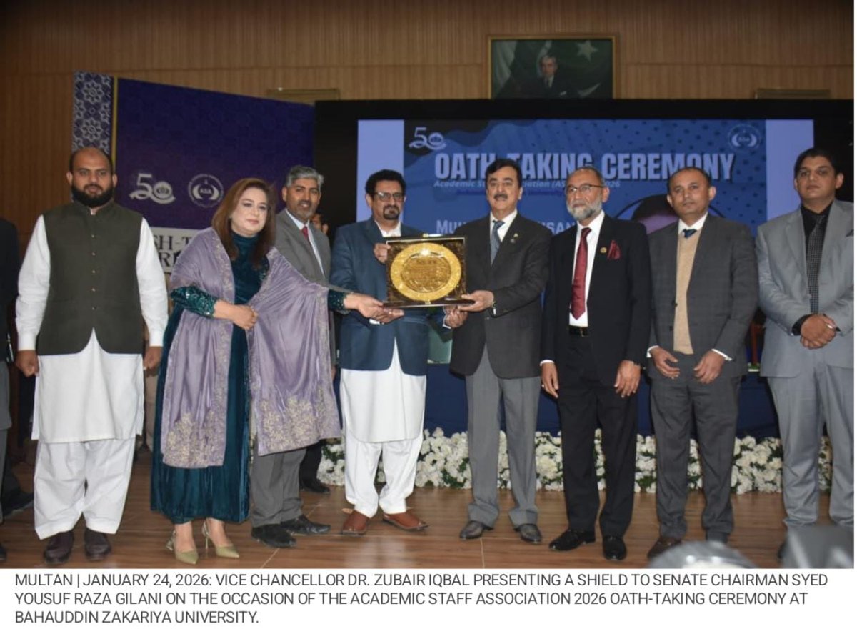 SenatePakistan's tweet photo. Chairman Senate Syed Yousuf Raza Gilani addresses oath-taking ceremony of the Executive Body of #BZU Academic Staff Association (ASA).
#Education #Future #Pakistan #Multan https://t.co/pt6e7cJLL2