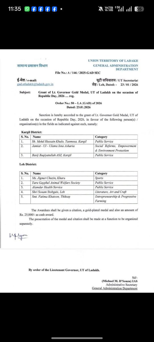 AYarkain's tweet photo. congratulations to President Jamiat-Ul-Ulama Isna Asharia Kargil (JUIAK)Shiek Nazir-Ul Mehdi  , Basij baqiyatuallah Asz kargil, and Hussain Khalo on the occasion of their names being officially notified for the Lt. Governor’s Gold Medal, UT Ladakh https://t.co/od5vl7bVly