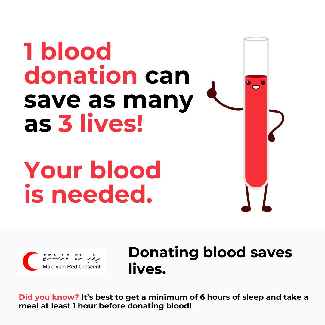 maldivianrc's tweet photo. The @MBS_mv is in urgent need of blood donors. If you are aged 18+ and weigh 45kg and above:

📍Visit the Maldivian Blood Services, Orange Hiya, Hulhumale' Phase 1, Onugasmagu
⏰8am - 8pm (Sat - Thurs) 
✅For more info, contact 9890991.

Donating blood saves lives! https://t.co/43VZjgtOQm