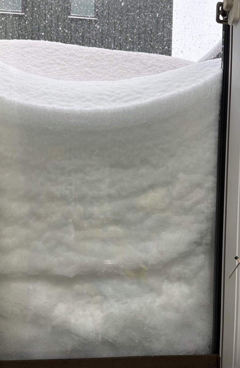 komiming's tweet photo. バルコニーのおっきい窓が半分程埋まって��まった。雪の層が綺麗に見えるよ。 https://t.co/1GZmEdDSCg