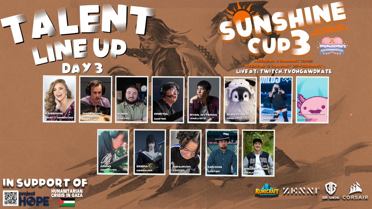 🎬 Meet the crew closing out Weekend 1 our Day 3 Talent Line Up! 🎬

Huge shoutout to all the talent for Weekend 1 of Sunshine Cup 3! They’ve been working hard all weekend to make the broadcast special help us wrap up Weekend 1 by showing them some love 💛

<a href="/rareadamcasts/">Adam</a>