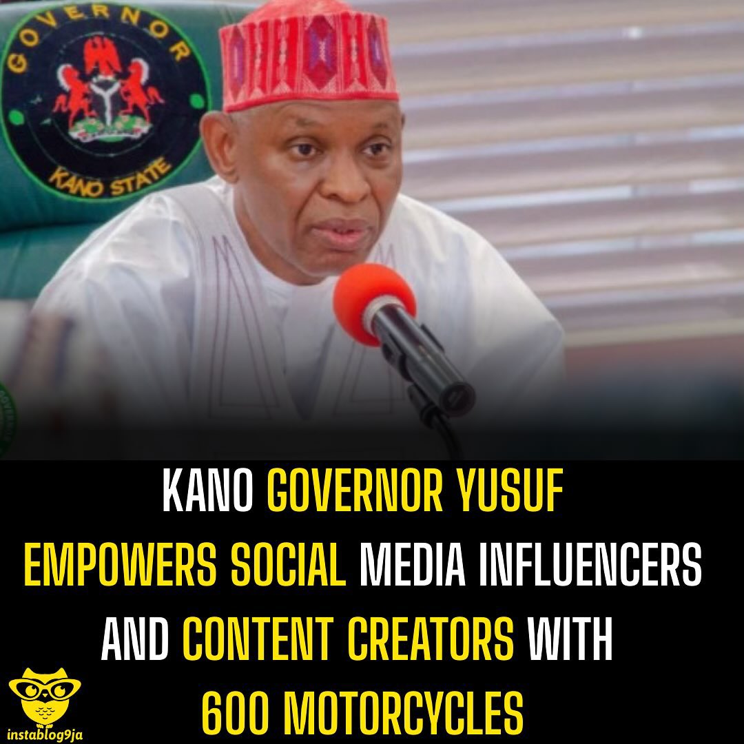 instablog9ja's tweet photo. Kano Governor Yusuf empowers social media influencers and content creators with 600 motorcycles. https://t.co/Pa6bIob1Tk