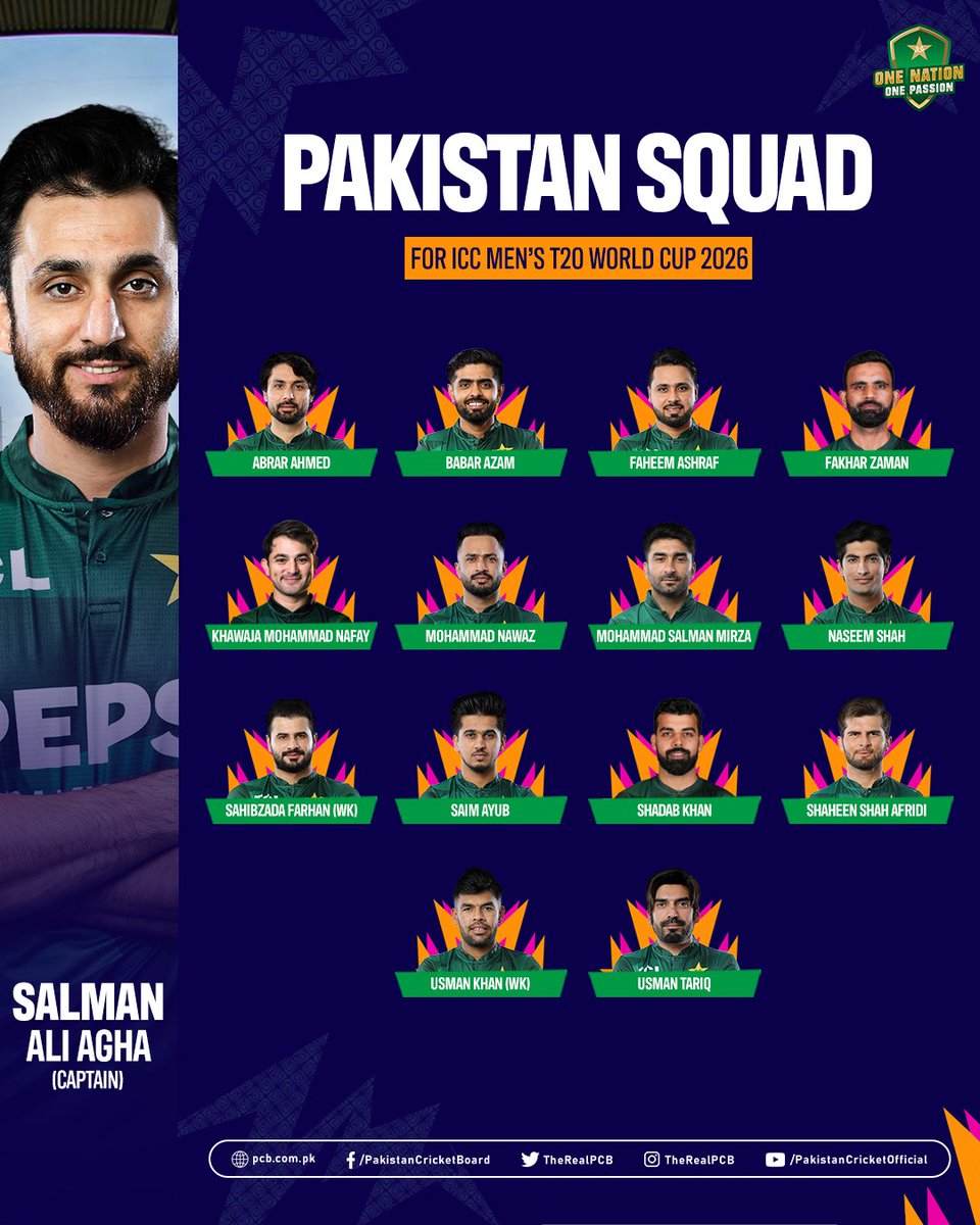 TheRealPCB's tweet photo. Road to 🏆 2026 begins!

🇵🇰 Squad unveiled for the ICC Men’s T20 World Cup 🌍

Read More 👉🏻 https://t.co/iooMXUS5g6

#BackTheBoysInGreen #T20WorldCup https://t.co/VOSkvs05MC