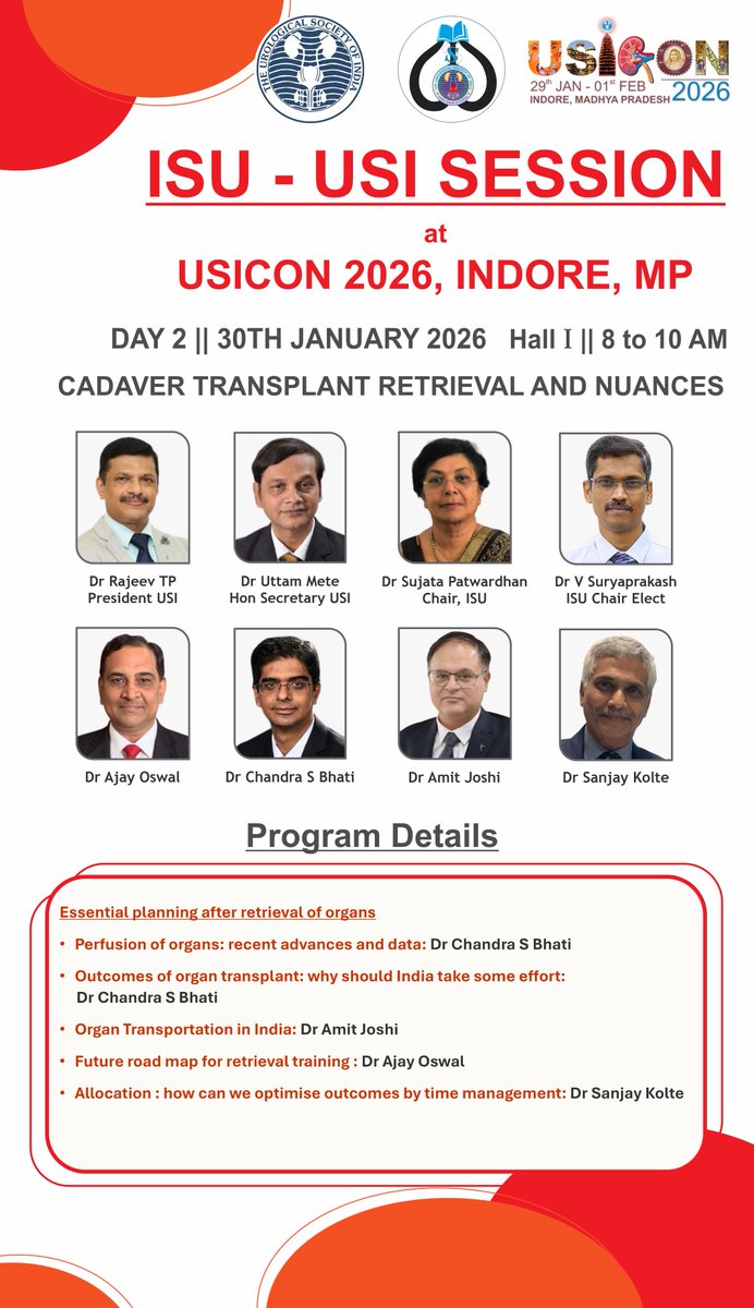 USIIndiaSoMe's tweet photo. ISU–USI Session at USICON 2026, Indore 🩺
Day 2 | 30th January 2026 Hall I - 8 to 10 Am
Cadaver Transplant Retrieval and Nuances — insights, innovation, and impact in organ transplantation. https://t.co/LMoBIAMVte