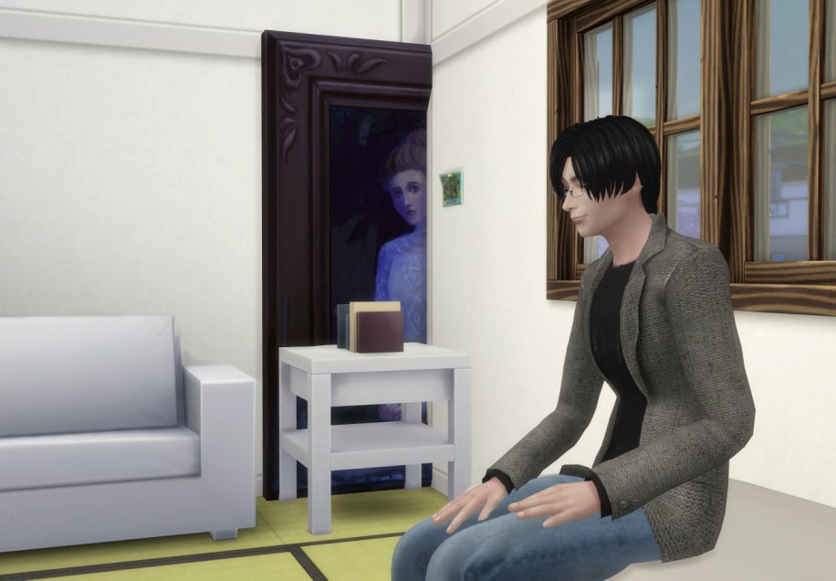 これはちょうど良いサイズの絵画を探そうと色々壁に設置しちゃ外し設置しちゃ外しとした時に意図せず変な位置にいってたのにしばらくしてから急に視界に現れる形で気付いたため「誰かおる！？」ってなったやつです　すごい見られてる