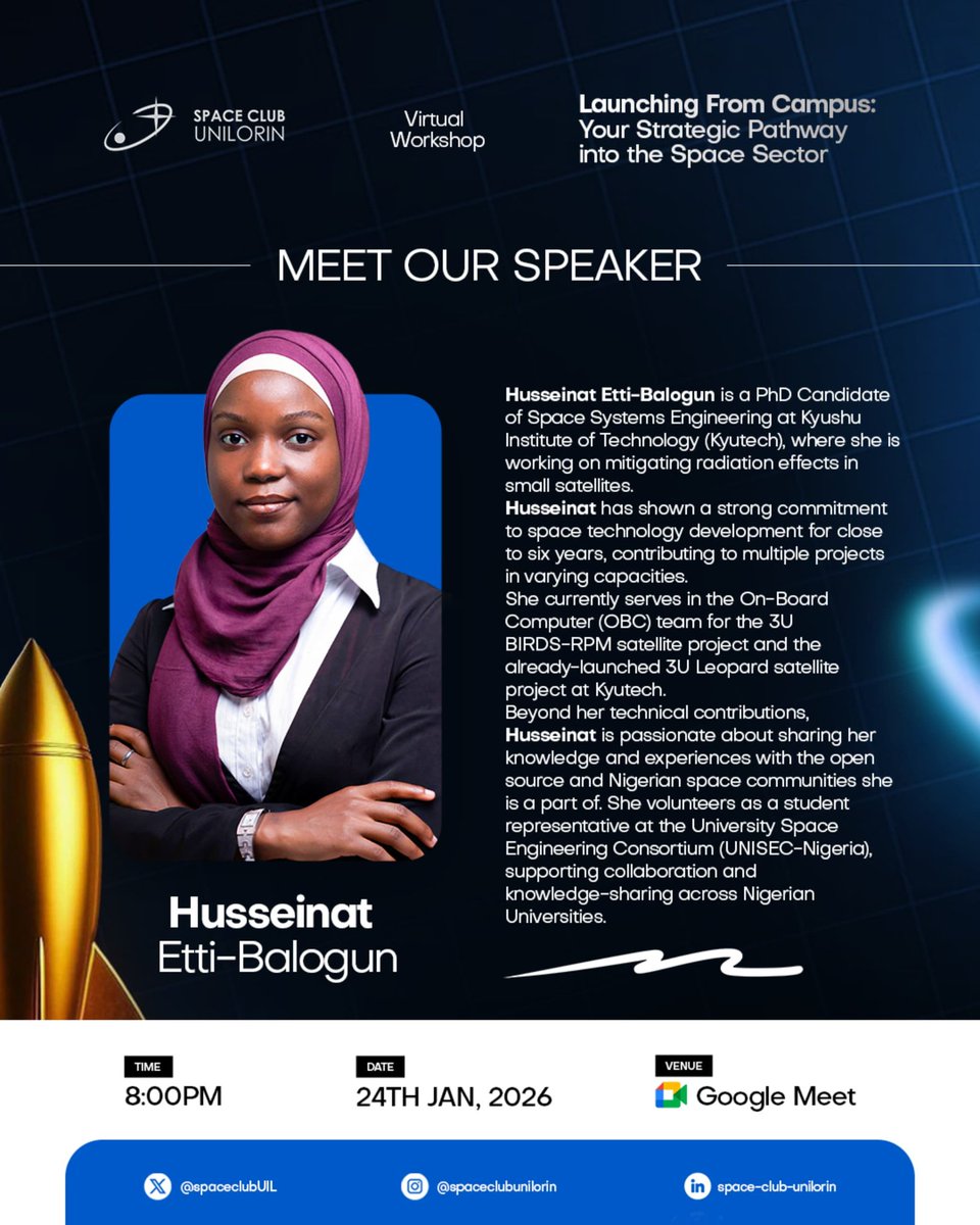 spaceclubUIL's tweet photo. A Step Closer to Space:

A heartfelt thank you to everyone who participated in our Virtual Workshop, “Launching From Campus: Your Strategic Pathway into the Space Sector.”

We are especially grateful to our distinguished speaker, Husseinát Etti-Balogun, @balotofi for delivering https://t.co/SmGie6qpKn