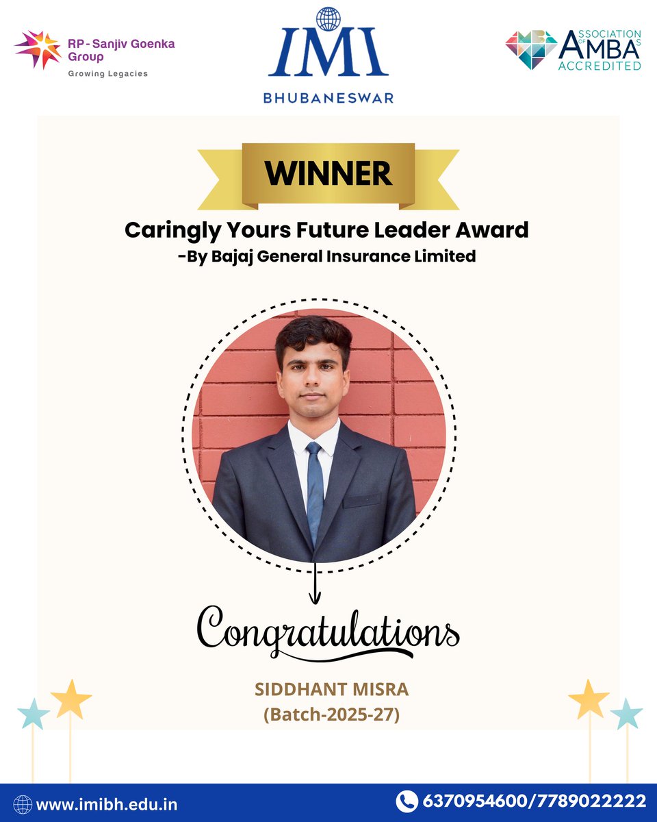 IMI_Bhubaneswar's tweet image. IMI Bhubaneswar congratulates Siddhant Mishra (PGDM 2025–27) for winning First Prize in a national essay competition by Bajaj General Insurance. His future-focused essay was honored at India Rendezvous 2026, Mumbai.
#IMIB #imibhubaneswar #studentachievement #futureleader