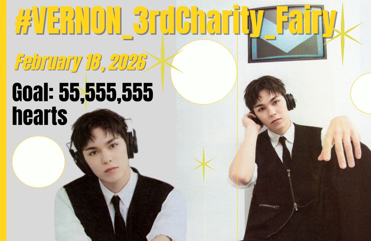 [#VERNON_3rdCharityFairy]

📢 Carats, only VERNON will be competing in the CF this year!
Participate in the #VERNON Birthday Project in the CHOEAEDOL app to earn the title of Charity Fairy!

🌟 Check out this thread for details and how to participate as a Charity Fairy!