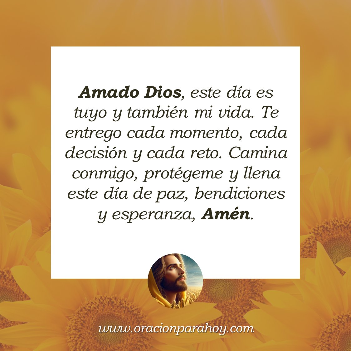 AMADO DIOS, TE ENTREGO ESTE DÍA QUE EMPIEZA: Señor, te entrego este nuevo día con el corazón lleno de fe. Por favor guía mis pasos, cuida mis decisiones y protégeme de todo mal. Que hoy no falte Tu paz, Tu guía ni Tu bendición.

Mira este vídeo en: youtu.be/aP4aZ1VoNPw ✨