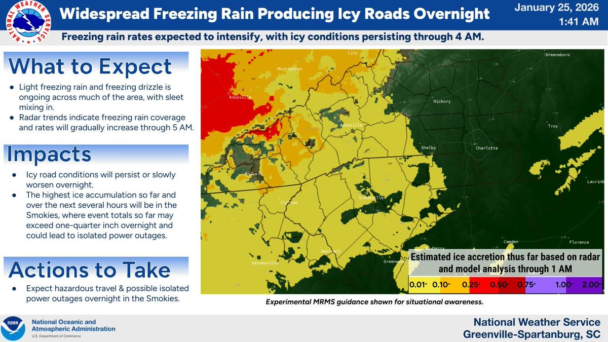 NWSGSP's tweet photo. Freezing rain and freezing drizzle is ongoing, with icy roads already reported. Radar trends indicate coverage and intensity of freezing rain will gradually increase overnight, leading to worsening travel conditions into the early morning hours. https://t.co/41TXhIddhr