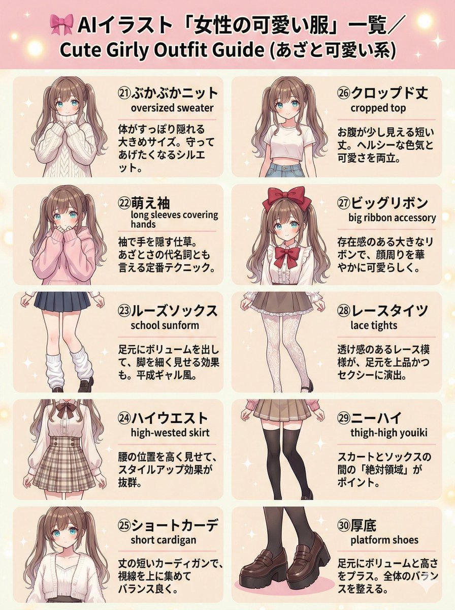 kantakanta1233's tweet image. 🎀AIイラスト可愛い系服装一覧

元々自分用に作っていたまとめなので、
番号表記がズレている所があるかもですが
気にせずどうぞ〜🙌

※英語プロンプト付きなので、すぐ使えます！