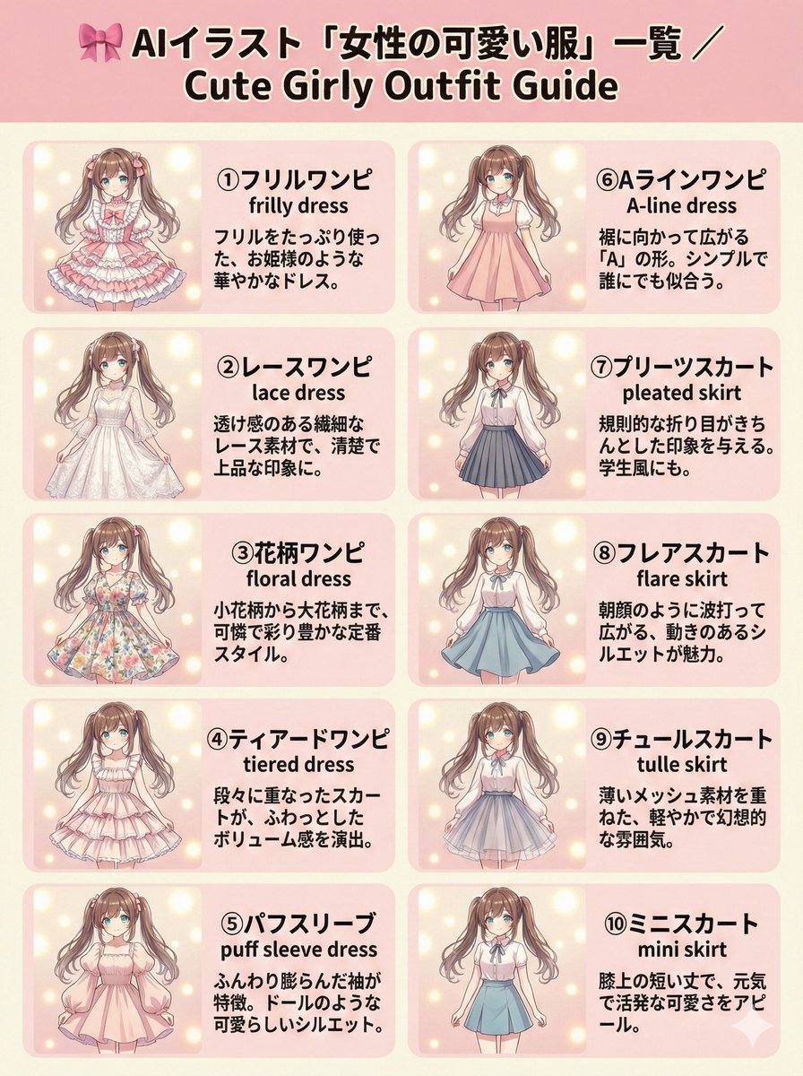 kantakanta1233's tweet image. 🎀AIイラスト可愛い系服装一覧

元々自分用に作っていたまとめなので、
番号表記がズレている所があるかもですが
気にせずどうぞ〜🙌

※英語プロンプト付きなので、すぐ使えます！