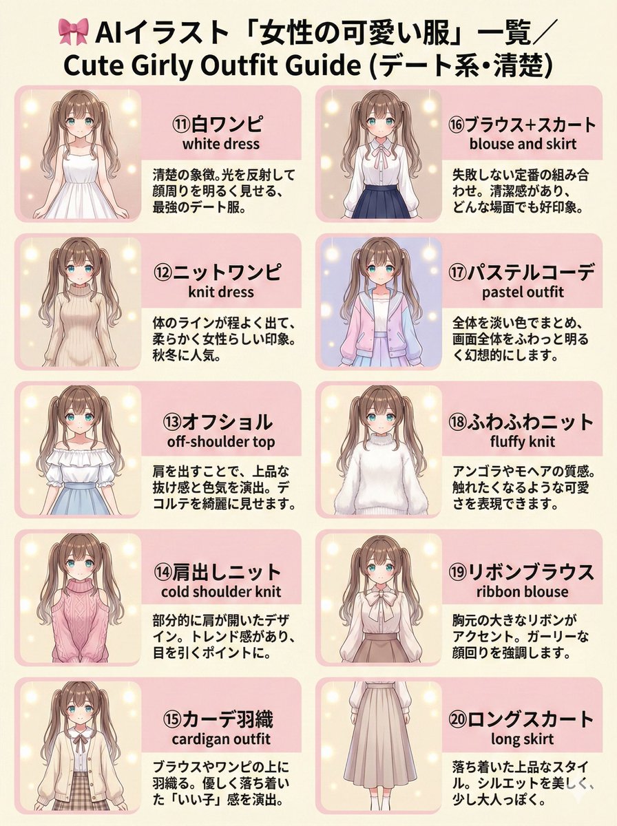 kantakanta1233's tweet image. 🎀AIイラスト可愛い系服装一覧

元々自分用に作っていたまとめなので、
番号表記がズレている所があるかもですが
気にせずどうぞ〜🙌

※英語プロンプト付きなので、すぐ使えます！