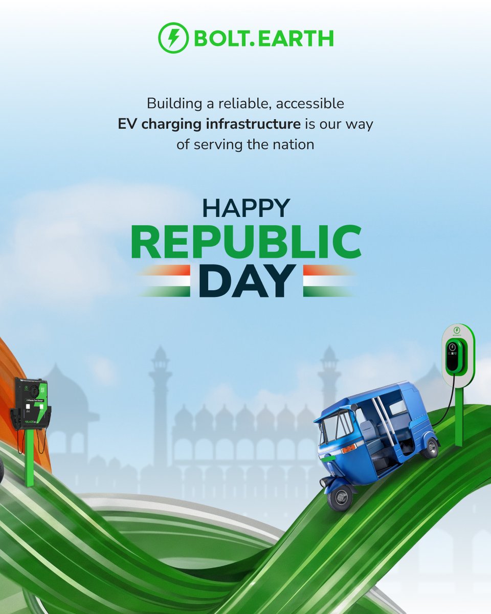 bolt_earth's tweet photo. A cleaner future needs infrastructure that keeps up.⚡

This #RepublicDay, we’re making electric mobility easier, everywhere.

Happy Republic Day! 🇮🇳

#BoltEarth #RepublicDay2026 #EVReady #ElectricMobility #HappyRepublicDay https://t.co/4besU2oMFm