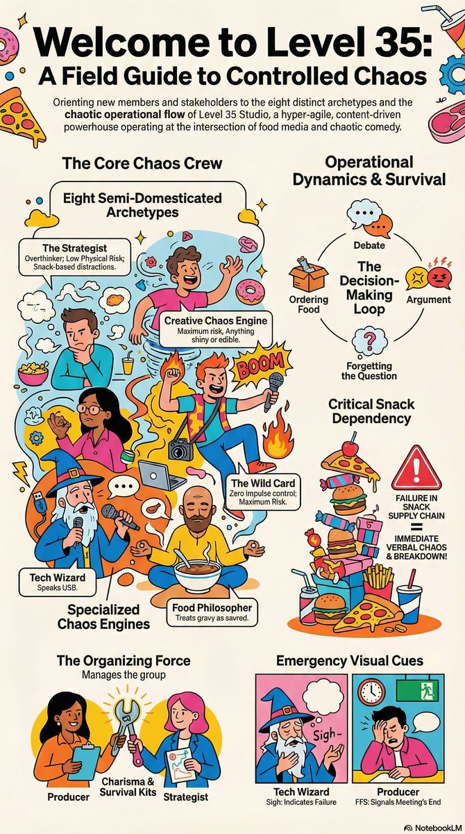 Level 35 Studio operates on a structured chaos model: eight semi-domesticated archetypes, a snack-fueled decision loop, and operational failure triggered by supply chain disruption of crisps. It is less a workflow and more a survival ecosystem with content deliverables.