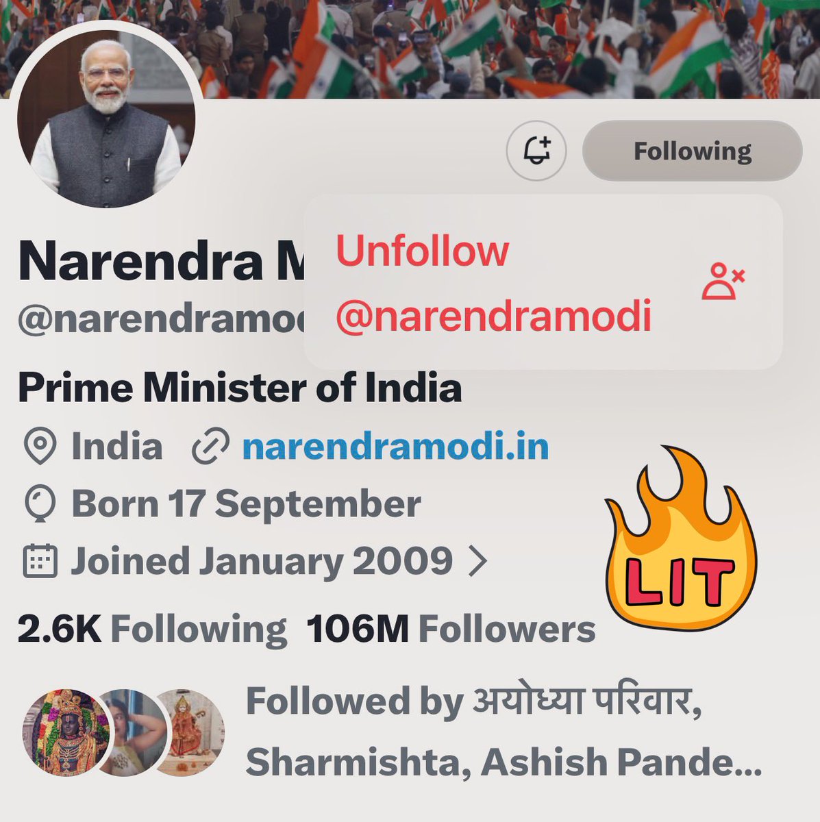 अगर कोई ट्रेंड ही चलाना है तो विश्वगुरु को सीधा टारगेट करो।

जैसे विश्वगुरु सीधा UC समाज को टारगेट करता है।

अगर 106 मिलियन में 10, मिलियन फॉलोअर्स भी घट जाये, तो ये अपने आप लाइन पर आ जाएगा।

#UnfollowModi ✅