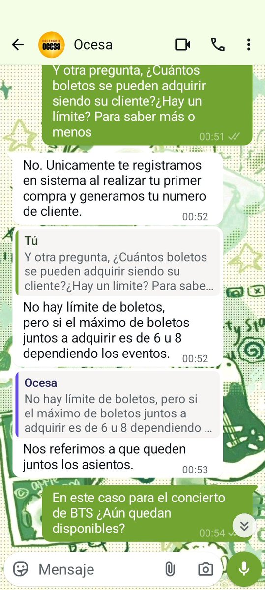 nayust_D23's tweet photo. ACTUALIZACIÓN DE LA CONVERSACIÓN ❗❗ Se me ocurrió preguntar si había un límite de boletos, al parecer no es claro pero según son de 6-8 boletos que estén juntos. Considerando que cada "cliente" haya comprado esa cantidad¿Cuántos boletos no le quitaron a Army? https://t.co/OXBNDsgWnZ
