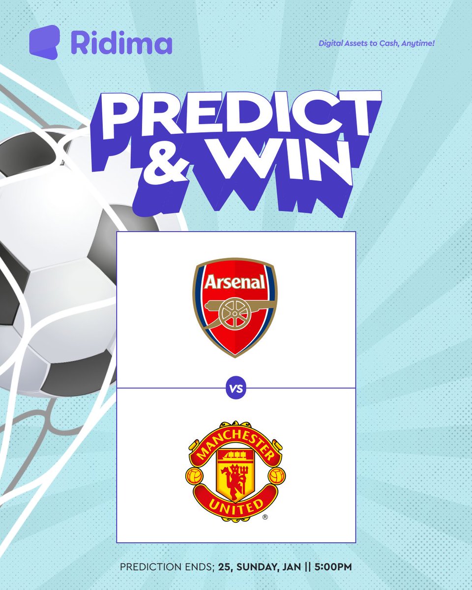 myridima's tweet image. 🚨 PREDICT &amp;amp; WIN 🚨

⚽ Arsenal Vs Manchester United

Will randomly select 5 correct predictions to win ₦3,000 each!

Rules: 
• Follow @myridima
• Like and retweet our pinned post
• Drop prediction score in the comment of this post 👇

Make sure to follow the rules!