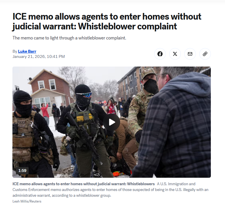 YourAnonCentral's tweet photo. An ICE whistleblower revealed an illegal Trump DHS memo authorizing Trump regime forces to break into civilian homes, this is in violation of the following federal criminal codes:

18 U.S.C. § 241 
18 U.S.C. § 242 
18 U.S.C. § 371 
18 U.S.C. § 2236 
18 U.S.C. § 2234 https://t.co/ho3NmZZ5XF