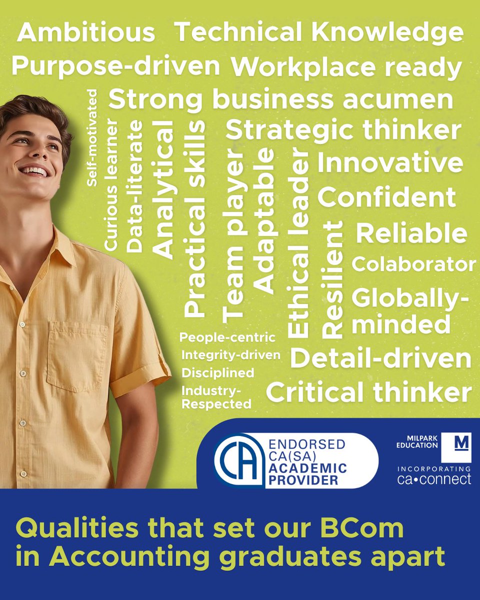 Walk away with more than a qualification and become a candidate employers are searching for!

Applications are open- Join our 2026 intake today: pulse.ly/hk7qaabtkl

#MilparkEducation #SchoolOfProfessionalAccounting #BComAccounting #SAICAAccredited #FutureCA