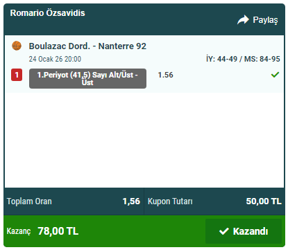 * <a href="/Nesinecom/">Nesine</a> takipçileri için hazırlamış olduğumuz Fransa Basketbol Ligi Kuponu ile kazandırmaya devam ettik. 🏀

** Toplam Oran : 1.56 ( Tek Maç ). Değerlendirenlere Teşekkürler, Tebrikler.!  💯 ✅  🙂