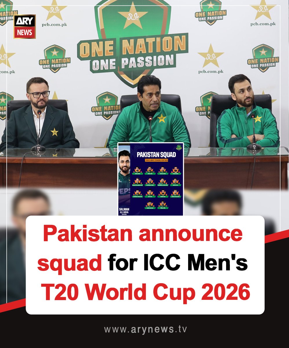 ARYNEWSOFFICIAL's tweet photo. Pakistan announce squad for ICC Men's T20 World Cup 2026
Read More: https://t.co/s9z3tY5Sne
#ARYNews #ICCMenworldcup2026 #Squard #Pakistan https://t.co/5Yz1tKRnVY