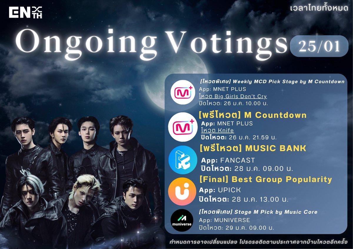 [📌] สรุปโหวต #ENHYPEN (25/01)

[🏆] โหวตพิเศษ Weekly MCD Pick • MNET PLUS
⚠️จำกัดล็อกอิน 1 บัญชี/อุปกรณ์
⚠️1 บัญชี = 5 โหวต
📢 โหวต Big Girls Don't Cry ให้ครบ 5 โหวต‼️
⏰️26 ม.ค. 10.00 น.🇹🇭
🔗mnetplus.onelink.me/TRa8/xohkwx0b?…

[🏆] พรีโหวต M Countdown • MNET PLUS
⚠️จำกัดล็อกอิน 1