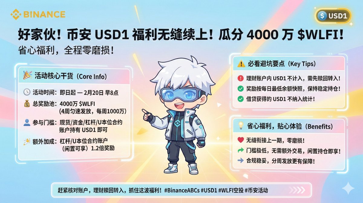 好家伙！币安@binancezh USD1 福利又无缝续上了！一起来看看怎么瓜分4000 万$WLFI 吧！ 给大家继续同步一下币安超实用的省心福利，刚好踩在节点上，太适配了！  之前USD1 20% 年化左右的一月期理财，刚好到期了，刚好可以接着做@worldlibertyfi了！ 给大家把活动核心信息 ...