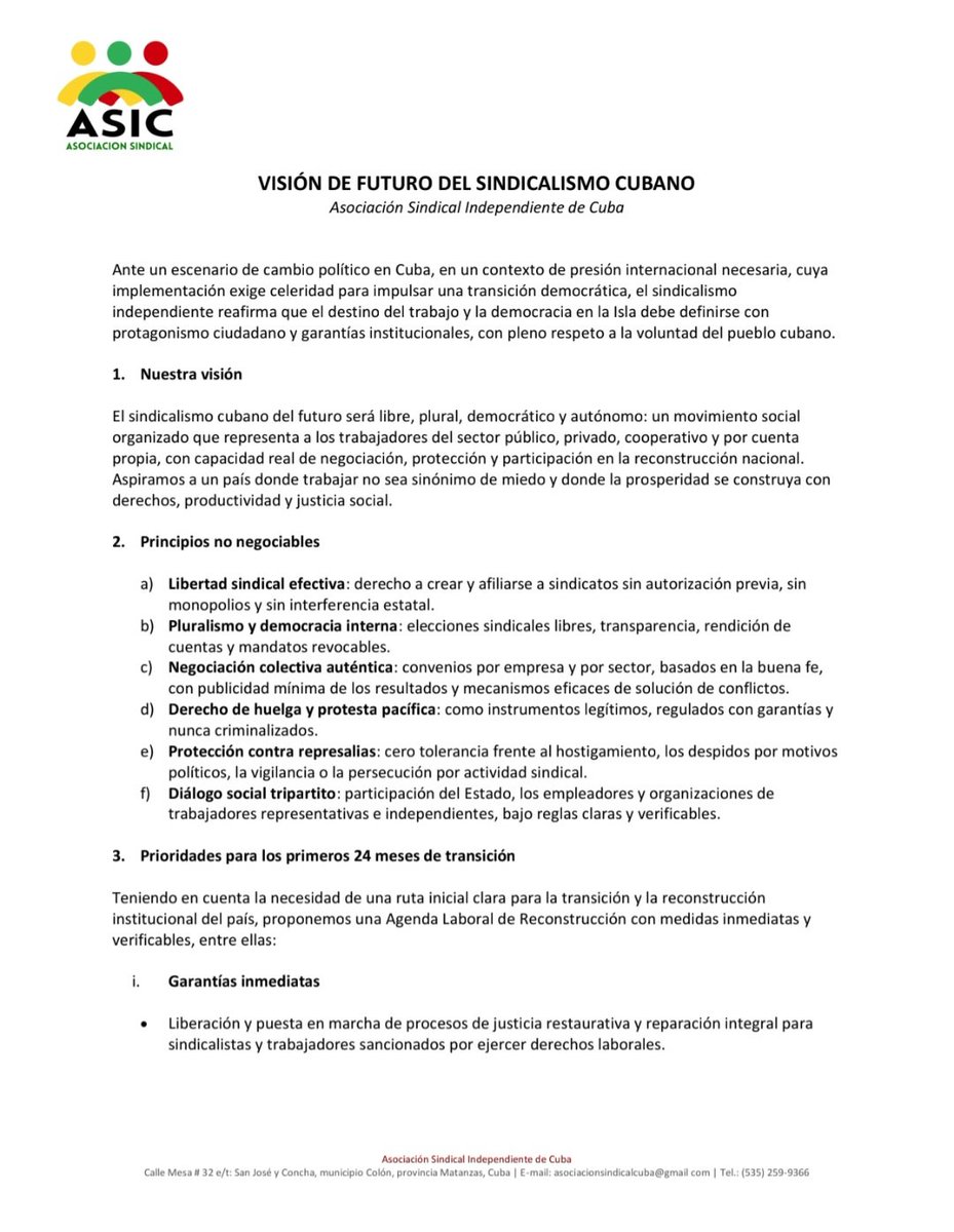 AsicSomos's tweet image. La #ASIC🇨🇺 ha emitido el siguiente documento ante la dramatica situación que se vive en #Cuba en medio de un contexto de presión internacional titulada: Visión de futuro del sindicalismo cubano, reafirmando que seremos parte de la solución y vocación de reconstrucción nacional🇨🇺