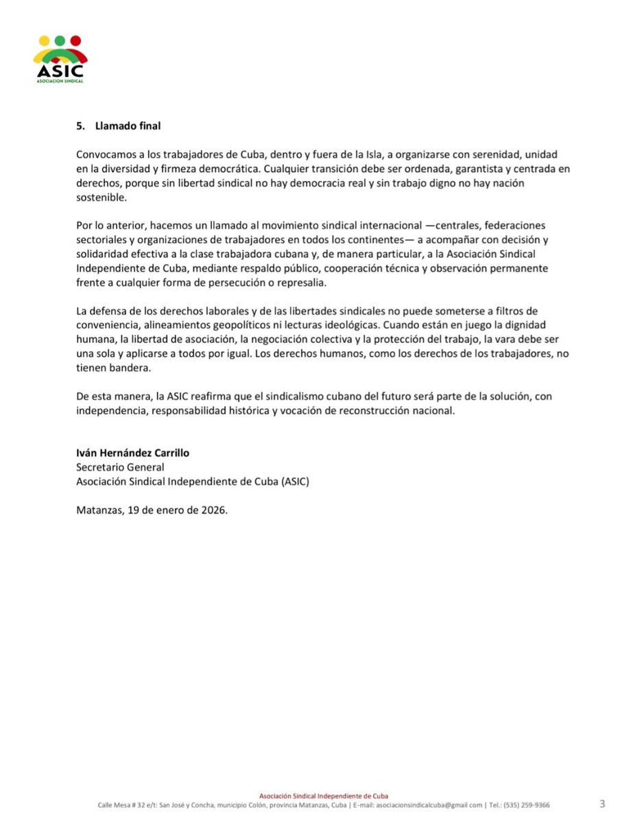 AsicSomos's tweet image. La #ASIC🇨🇺 ha emitido el siguiente documento ante la dramatica situación que se vive en #Cuba en medio de un contexto de presión internacional titulada: Visión de futuro del sindicalismo cubano, reafirmando que seremos parte de la solución y vocación de reconstrucción nacional🇨🇺