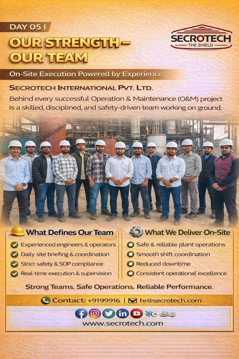 Secrotechindia's tweet image. Strong teams build strong operations. 💪
At Secrotech International Pvt. Ltd., our experienced on-site teams ensure safe, disciplined &amp;amp; reliable O&amp;amp;M execution every day.
🦺 Safety first
⚙️ Performance driven
📞 +91 99916 55581
#OandM #IndustrialOperations #TeamAtWork