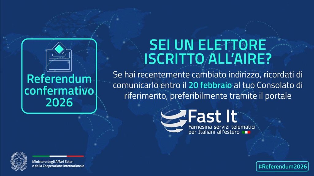 Sei un elettore iscritto all’AIRE?

Se hai recentemente cambiato indirizzo, ricordati di comunicarlo entro il 20 febbraio al tuo Consolato di riferimento, preferibilmente tramite il portale #FastIt

Per maggiori informazioni sul voto: esteri.it/it/sala_stampa…