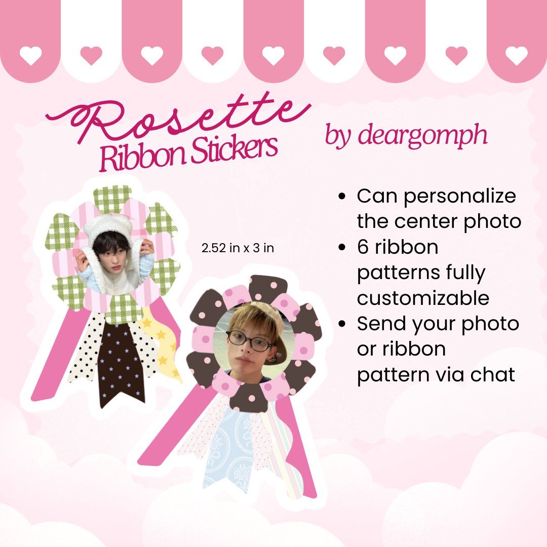 deargomph's tweet photo. WTS LFB PH

DM to order 🤍
Please RT!

[Customizable] ROSETTE RIBBON STICKERS 🎀

Any fandom welcome! Just slide into my DMs 💌 Send your fave pics &amp; I’ll make your Rosette Ribbon Sticker 🎀

౨ৎ waterproof (holo dots laminate)
౨ৎ 2.52 x 3 inches
౨ৎ 30 pesos each https://t.co/OzD9yZN4qJ