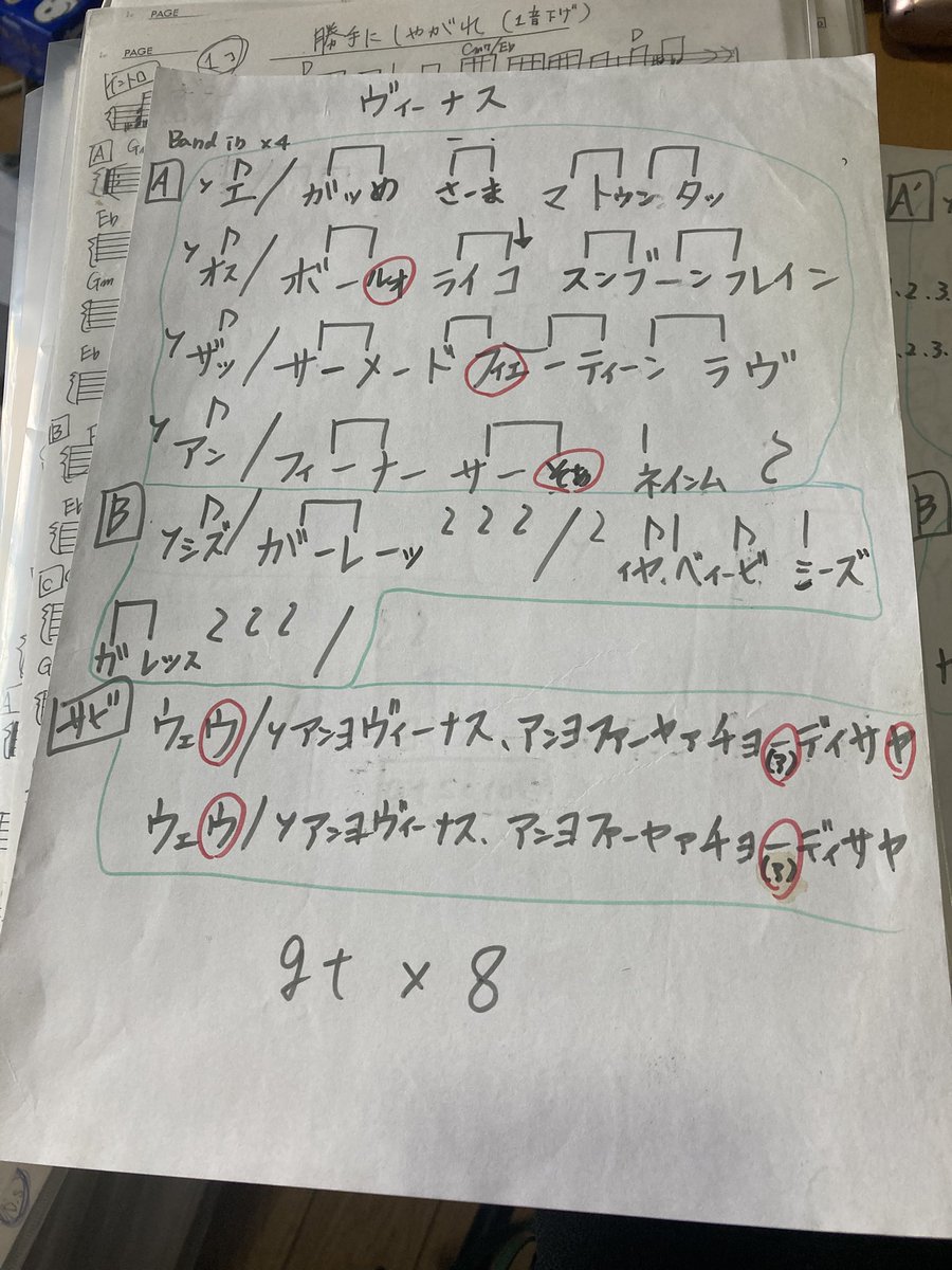 tetsuko_topics's tweet photo. 楽譜整理してたらすげーもんが出てきた。
今は歌なんか歌わないし、英語なんか全くの私が歌わなければいけないとなった時の私の歌詞。
なんとか切り抜けようと必死よね

#黒歴史 #あるある #懐かしい #音楽 #バンド #英語 #カタカナ英語 #洋楽 #歌詞 https://t.co/tBU2NuKuzG